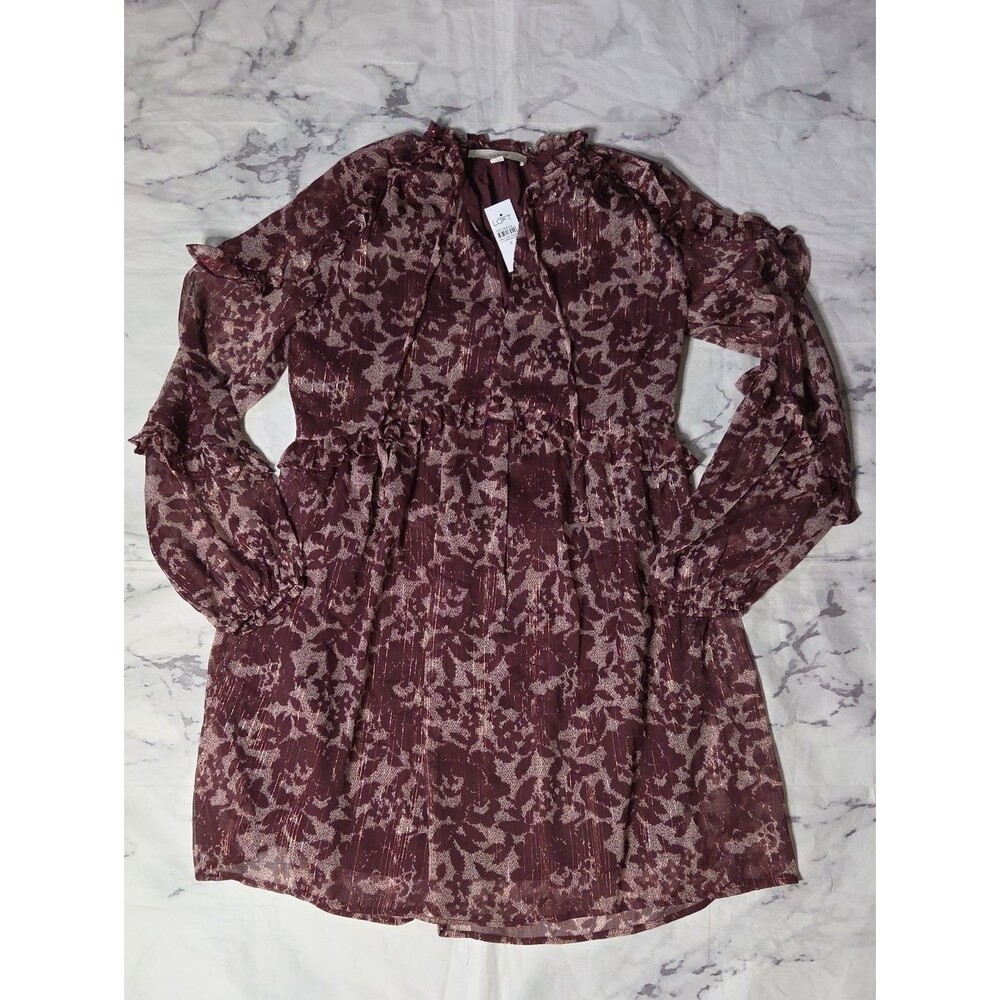 Loft Burgundy Floral Shimmer Ruffle Tie Neck Dress